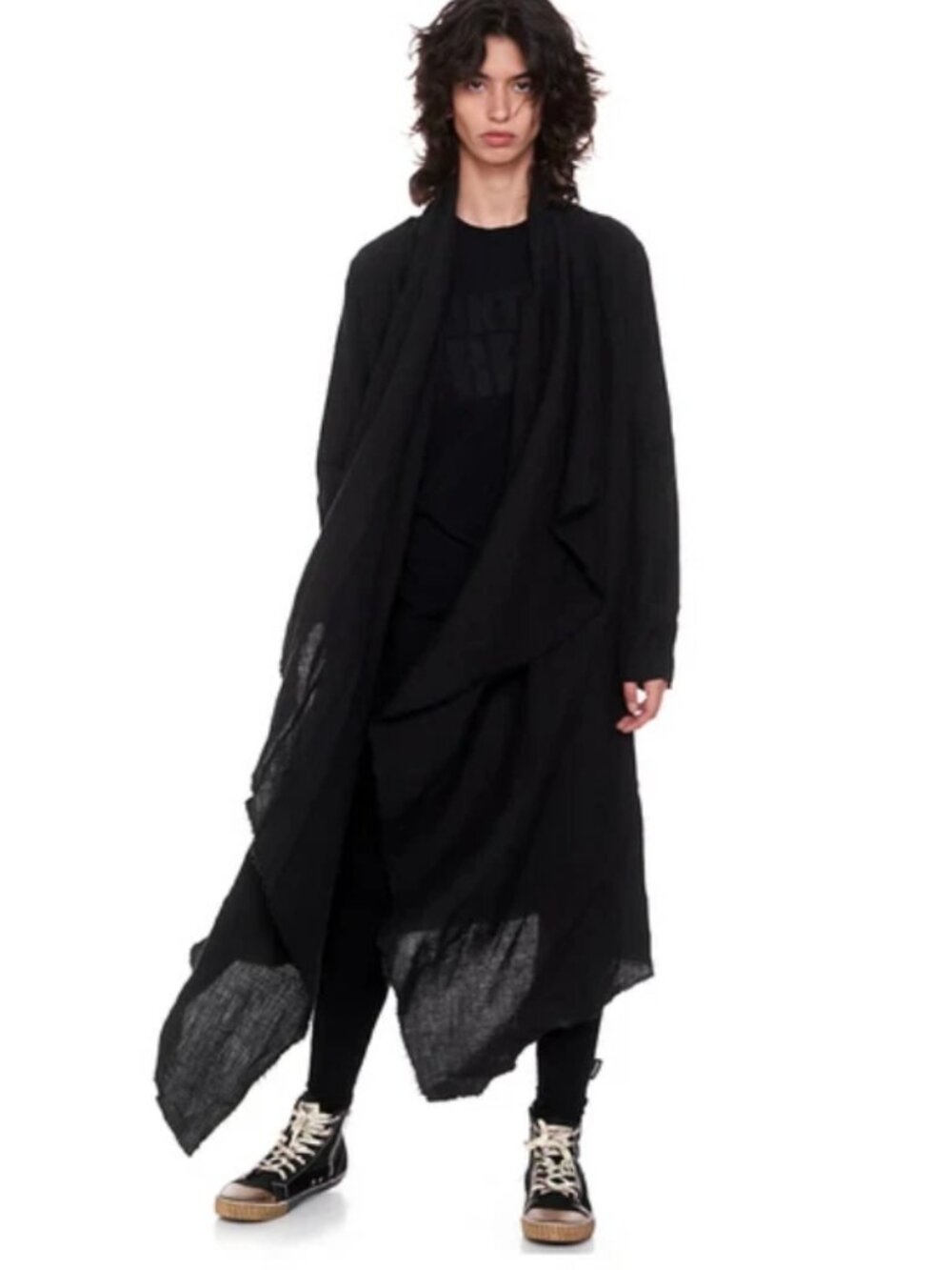 Nununu Women Linen Wrap Asymmetrical Long Sleeve Black Midi Dress One size
